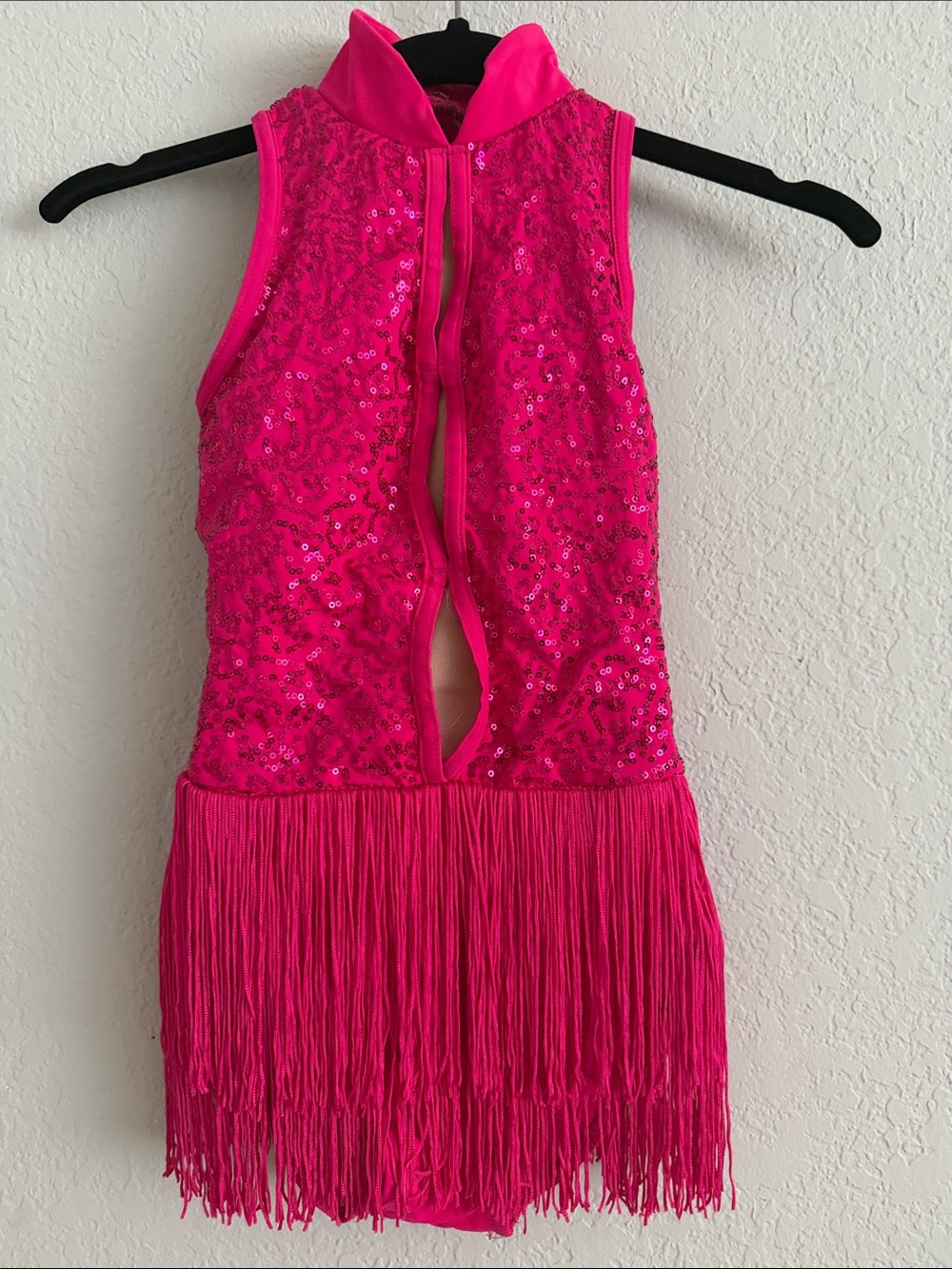 balera Hot Pink Sequin Fringe Dance Leotard size MC (child medium)